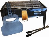 Draagbare barbecue met accessoires – picknick bbq – tafel barbecue  - camping – festival - 4 personen - houtskool - rechthoekige grill - staal – zwart – waaier – tang