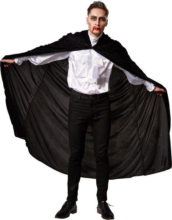 dressforfun - Fluwelen cape met kap 158 cm zwart - verkleedkleding kostuum halloween verkleden feestkleding carnavalskleding carnaval feestkledij partykleding - 301863