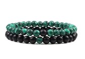 Natuursteen Armbanden - Natuursteen kralen - Kralen armband - Armband Dames - Armband Heren -  Contrast Zwart / Groen 2 stuks