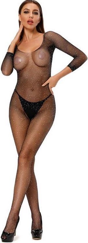 Zwarte visnet catsuit met strass steentjes, lange mouwen, met zwarte slip.