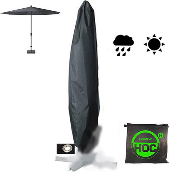 Compleet beeld: gesloten parasolhoes, open parasol, regen- en zon-icoon, en opbergtas. Zwart.