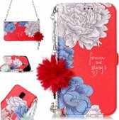 Voor Galaxy J7 (2017) (EU-versie) Rode achtergrond Chrysanthemum patroon Horizontale flip lederen tas met houder en kaartsleuven & parelbloem Ornament & ketting