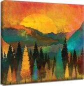 Abstracte Zonsondergang In De Bergen. 80x80cm Origineel Schilderij Gedrukt Op 100% Katoenen Canvas, Gespannen Op Frame, Muurhanger Geïnstalleerd