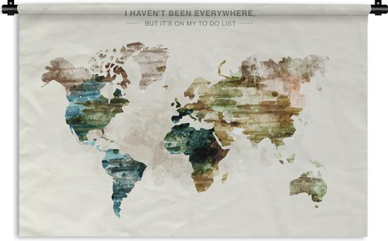 Wandkleed Trendy wereldkaarten - Wereldkaart in oude schilderachtige kleuren met tekst Wandkleed katoen 120x80 cm - Wandtapijt met foto