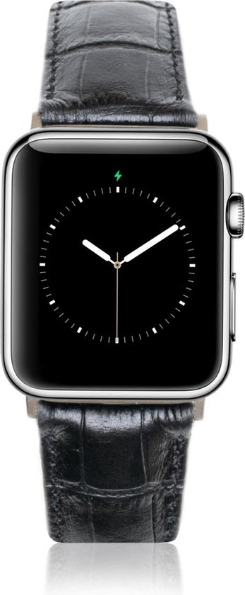 Geschikt voor Apple Watch Bandje - Croco Zwart - Full-Grain Leer - 38/40/41mm - incl. Gold Connectors Met Gesp - Oblac®