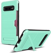 TPU + PC geborstelde textuur beschermhoes voor Galaxy S10, met kaartsleuf en houder (mintgroen)