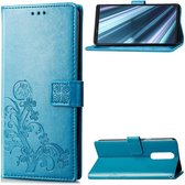 Lucky Clover geperste bloemen patroon lederen tas voor Sony Xperia 1 / Xperia XZ4, met houder & kaartsleuven & portemonnee & draagriem (blauw)