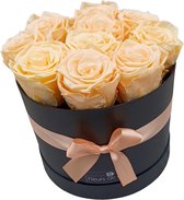 Fleurs de ville-Flowerbox met longlife rozen-10 peach rozen- ronde zwarte doos