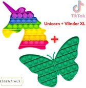 Fidget Pop it Set van 2: Unicorn Rainbow + Vlinder XL Groen - Regenboog - Tiktok - Butterfly