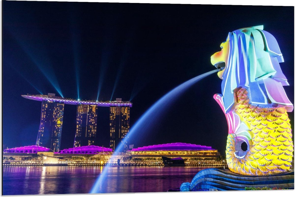 Dibond - Fontein in Merlion Park, Singapore - 90x60cm Foto op Aluminium (Met Ophangsysteem