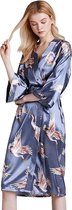 Satijnen kimono – dames – lichtblauw - kraanvogels – Onesize (36-40) Satin- Luxury – 1 maat - satijnen badjas -  100% satijn polyester