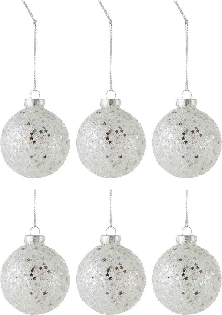 J-Line Doos Van 6 Kerstballen Sterretjes Glas Zilver Small