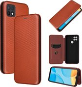 Voor OPPO A15 koolstofvezel textuur magnetische horizontale flip TPU + pc + PU lederen tas met kaartsleuf (bruin)