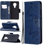 Voor Nokia 5.3 Two Butterflies Embossing Pattern Horizontale Flip Leather Case met houder & kaartsleuf & portemonnee & Lanyard (donkerblauw)