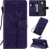 Voor LG G8X Tree & Cat Pattern Pressed Printing Horizontale Flip PU Leather Case met houder & kaartsleuven & portemonnee & Lanyard (paars)
