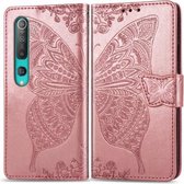 Voor xiaomi 10 pro vlinder liefde bloem reliëf horizontale flip lederen tas met beugel / kaartsleuf / portemonnee / lanyard (rose goud)