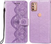 Voor Motorola Moto G9 Plus Flower Vine Embossing Pattern Horizontale Flip Leather Case met Card Slot & Holder & Wallet & Lanyard (Purple)