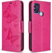 Voor Huawei Honor 9A Twee Vlinders Embossing Patroon Horizontale Flip Leren Case met Houder & Kaartsleuf & Portemonnee & Lanyard (Rose Rood)