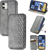 Voor iPhone 12 Pro Max Cubic Grid Pressed Horizontal Flip Magnetic PU Leather Case met houder & kaartsleuven & portemonnee (grijs)