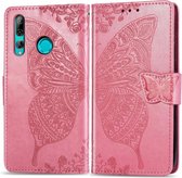 Butterfly Love Flowers Embossing Horizontale Flip Leather Case voor Huawei Y9 Prime (2019), met houder & kaartsleuven & portemonnee & lanyard (roze)