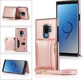 Voor Samsung Galaxy S9 Plus Vierkante Rits Portemonnee Tas TPU + PU Achterkant Case met Houder & Kaartsleuven & Portemonnee & Cross-body Riem (Rose Glod)