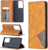Voor Samsung Galaxy S21 Ultra 5G Rhombus Texture Horizontale Flip Magnetische Leren Case met Houder & Kaartsleuven (Geel)
