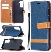 Voor Samsung Galaxy S21 5G Kleuraanpassing Denim Textuur Horizontale Flip Leren Case met Houder & Kaartsleuven & Portemonnee & Lanyard (Donkerblauw)