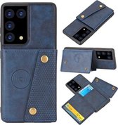 Voor Samsung Galaxy S21 Ultra 5G dubbele gesp PU + TPU schokbestendige magnetische beschermhoes met kaartsleuf en houder (blauw)