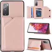 Voor Samsung Galaxy S20 FE Skin Feel PU + TPU + PC Achterkant Schokbestendig hoesje met kaartsleuven & houder & fotolijst (roségoud)