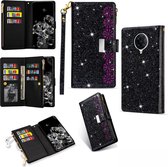 Voor Xiaomi Redmi K30 Pro Multi-card slots Sterrenhemel Laser Carving Glitter Rits Horizontale Flip lederen tas met houder & portemonnee & Lanyard (zwart)