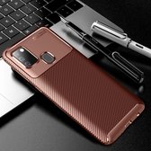 Voor Galaxy A21S Carbon Fiber Texture Shockproof TPU Case (Bruin)