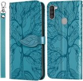 Voor Samsung Galaxy A11 (EU-versie) Life of Tree Embossing Pattern Horizontale flip lederen hoes met houder & kaartsleuf & portemonnee & fotolijst & lanyard (meerblauw)