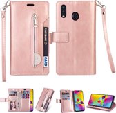 Voor Samsung Galaxy A20s Multifunctionele Rits Horizontale Flip Leren Case met Houder & Portemonnee & 9 Kaartsleuven & Lanyard (Rose Goud)