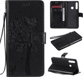 Voor Huawei Y6p Tree & Cat reliÃ«fpatroon Horizontale flip lederen tas met houder & kaartsleuven & portemonnee & lanyard (zwart)