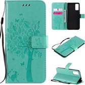 Voor Huawei Honor Play4T Pro Tree & Cat reliÃ«fpatroon Horizontale flip lederen tas met houder & kaartsleuven & portemonnee & lanyard (groen)