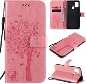 Voor Samsung Galaxy A21s Tree & Cat reliÃ«fpatroon Horizontale flip lederen tas met houder & kaartsleuven & portemonnee & draagkoord (roze)