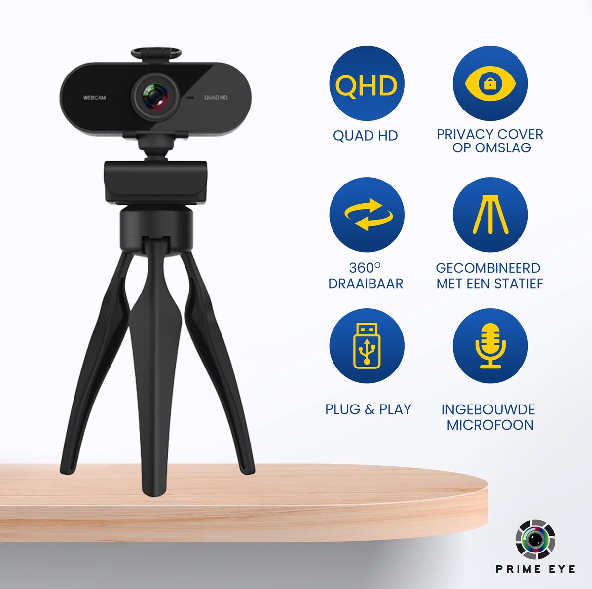 Prime Eye Webcam Quad HD Webcam voor PC Laptop Webcam inclusief