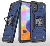 Voor Samsung Galaxy A31 magnetisch pantser schokbestendig TPU + pc-hoesje met metalen ringhouder (blauw)