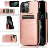 Effen kleur pc + TPU beschermhoes met houder en kaartsleuven voor iPhone 12 Pro Max (roségoud)