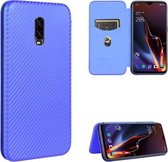 Voor OnePlus 6T Carbon Fiber Texture Magnetische Horizontale Flip TPU + PC + PU Leather Case met Card Slot (Blue)