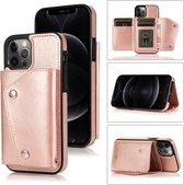 Schokbestendig PU + TPU lederen hoesje met kaartsleuven & houder & fotolijst & portemonnee & lanyard voor iPhone 12/12 Pro (roségoud)