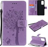 Voor Samsung Galaxy A72 5G Boom & Kat Patroon Geperst Afdrukken Horizontale Flip PU Lederen Case met Houder & Kaartsleuven & Portemonnee & Lanyard (Lavendel)