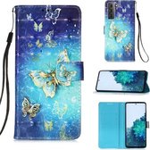 Voor Samsung Galaxy 21+ 5G 3D Schilderen Horizontale Flip Leren Case met Houder & Kaartsleuf & Portemonnee & Lanyard (Gouden Vlinder)