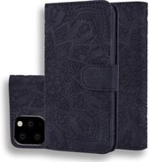Kalfspatroon dubbel opvouwbaar design lederen hoes met reliëf en portemonnee & houder & kaartsleuven voor iPhone 11 Pro Max (6,5 inch) (zwart)