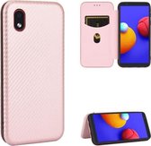 Voor Samsung Galaxy M01 Core / A01 Core Carbon Fiber Texture Magnetische Horizontale Flip TPU + PC + PU Leather Case met Rope & Card Slot (Pink)