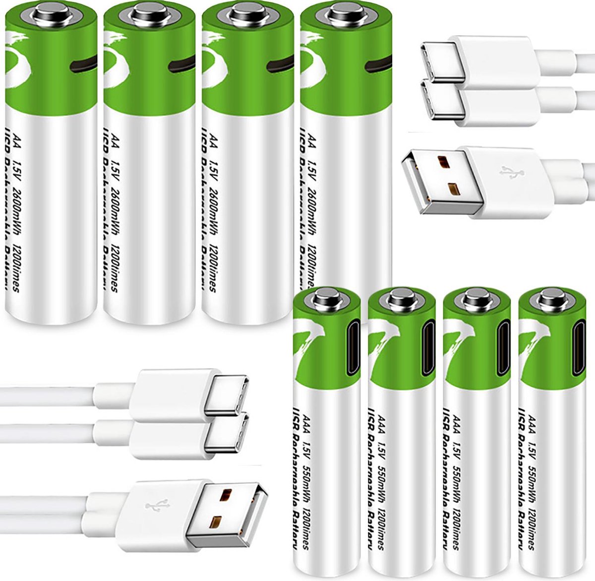 AA + AAA Oplaadbare Batterijen 1,5 Volt (2600 + 750 mWh) met USB Type-C  Kabels opladen... | bol