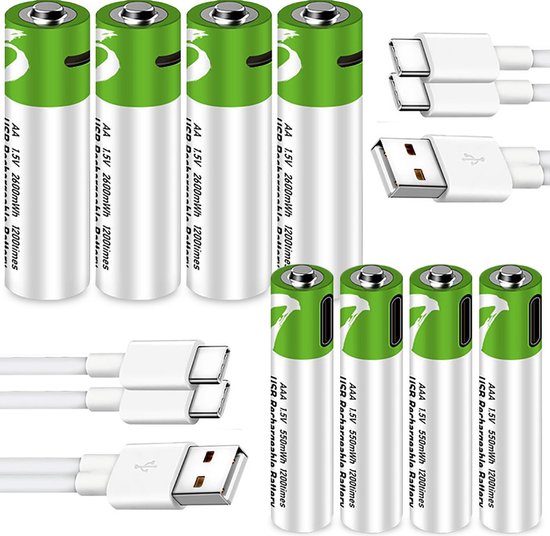 AA + AAA Oplaadbare Batterijen 1,5 Volt (2600 + 750 mWh) met USB Type-C  Kabels opladen... | bol.com