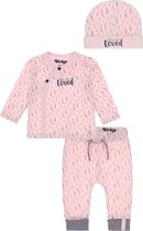 Dirkje - Bio Basic - SET(3delig) - Roze broek mrt ptint - overslag shirt - Mutsje - 1 paar Noppies sokjes - Maat 50