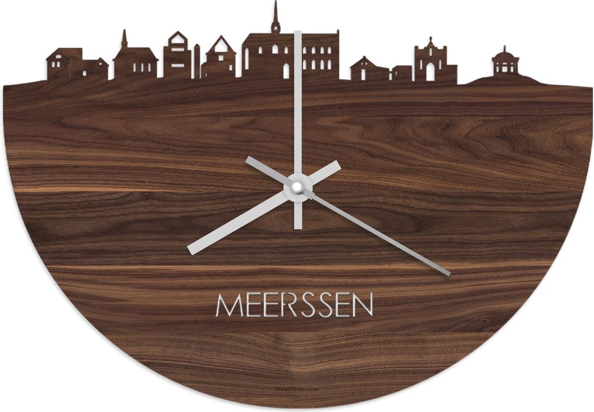 Skyline Klok Meerssen Notenhout - Ø 40 cm - Stil uurwerk - Wanddecoratie - Meer steden beschikbaar - Woonkamer idee - Woondecoratie - City Art - Steden kunst - Cadeau voor hem - Cadeau voor haar - Jubileum - Trouwerij - Housewarming - WoodWideCities