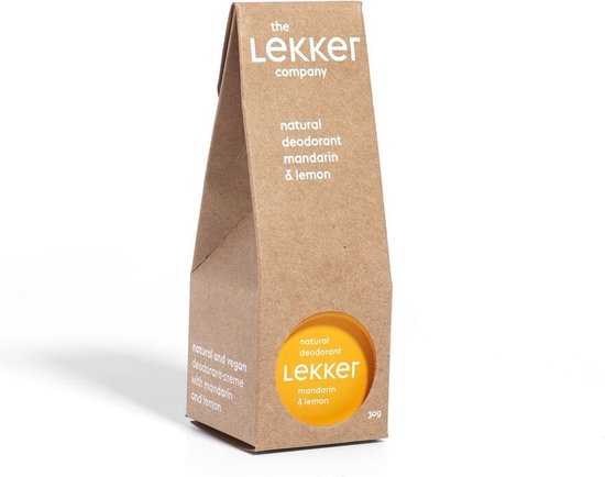 Bruine kartonnen verpakking voor natuurlijke deodorant met de tekst "natural deodorant mandarin & lemon".